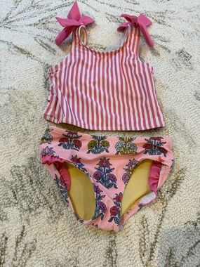 Pink Chicken Girls Pink Striped Tankini Set with Floral Print Bottoms